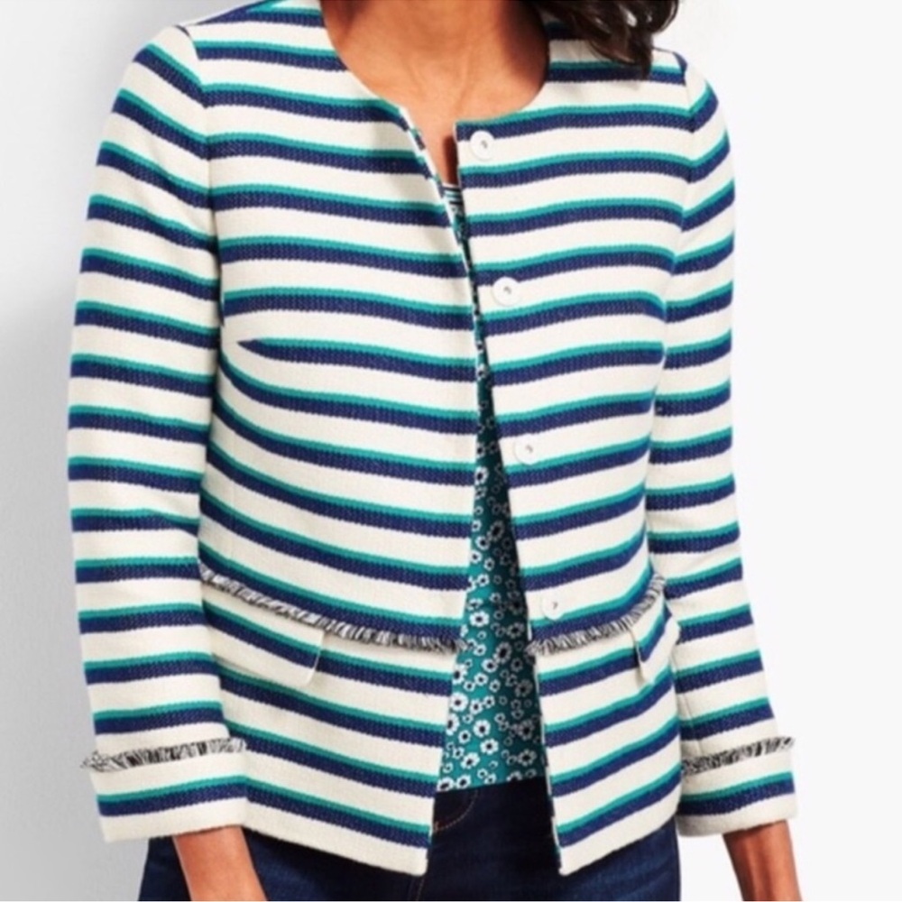 TALBOTS Tweed White Navy Jade Green Stripe Blazer Women’s 2P NWT NEW - Picture 2 of 16